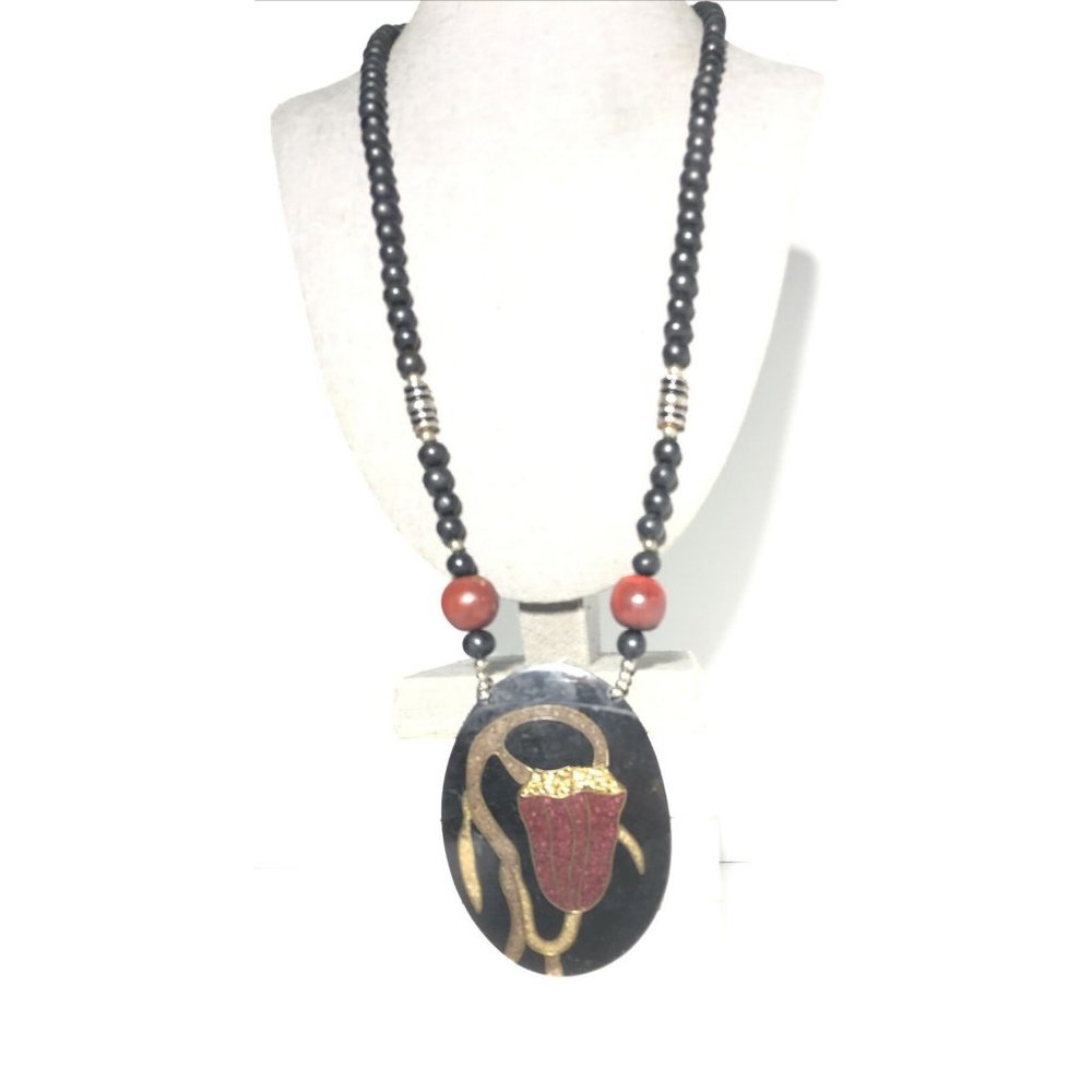 Women’s Long 26” Black Bead Statement Necklace W/ Large Faux Onyx Charm Pendant.